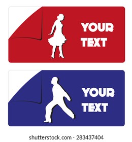 Red and blue sticker, man and woman theme, place for text.