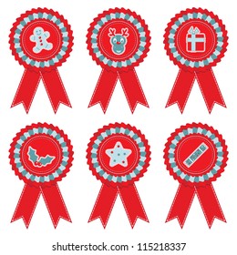 red and blue stitched rosettes with christmas motifs, set 2, isolated on white