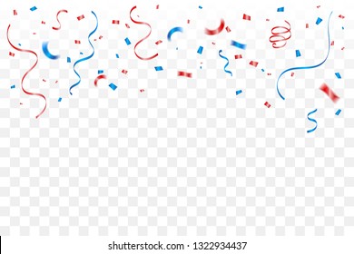 Red And Blue Streamers Ribbons Confetti Isolated On Background. Celebration Event & Birthday. Congratulations. American, Chile, Russia, France, United kingdom flags color concept. Vector