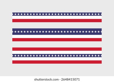 Red and blue striped border with stars. USA flag ribbon for patriotic Independence Day design
