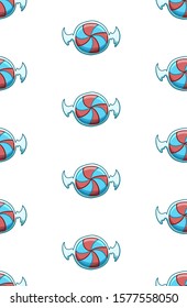 Red and blue striped candies in transparent wrapper seamless pattern. White background, vector.