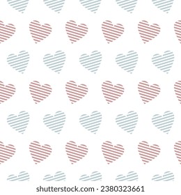 Red and blue striped hearts vector seamless pattern