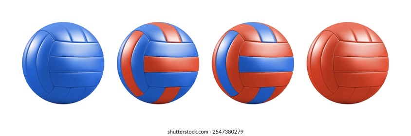 Red blue striped voley ball mockup set. Vector volleyball 3d. Sport skill trophy icon white. Realistic texture round game pictogram. Beach handball, water polo school logo. Colorful club symbol render