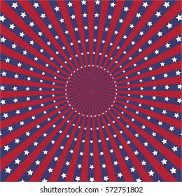 Red and blue sunburst strips vector background with white stars.