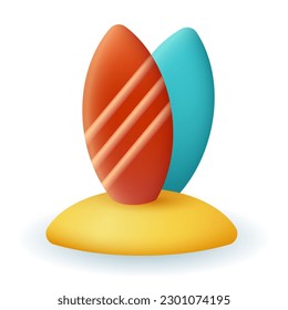Red and blue surfing boards in sand on beach 3D illustration. Accessories for surfers, surfboards in 3D style on white background. Vacation, tourism, relaxation, surfing, summer activity concept