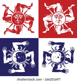 red and blue Swastika suns and moons with arms and legs