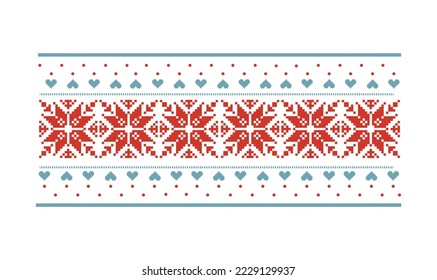 Suéter rojo y azul sin fisuras con copos de nieve y corazones.