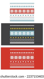 Red and blue sweater seamless pattern with snowflakes and hearts in three different variants.