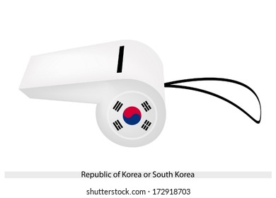 A Red and Blue Taeguk or Taiji Yin and Yang Symbol and Four Black Trigrams on White Field of The Republic of Korea or South Korea Flag on A Whistle. 