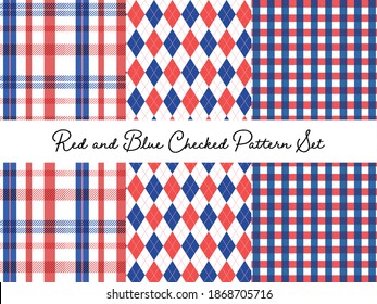 Red And Blue Tartan Gingham Argyle Check Plaid Vector Patterns .Summer French Color Pattern Swatches.