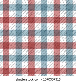 Red and blue tartan plaid fabric on white seamless pattern, vector