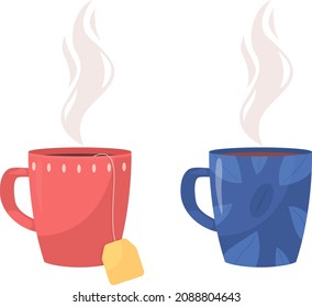 Red and blue tea cup semi flat color vector object set. Full realistic item on white. Steaming flavored drink isolated modern cartoon style illustration for graphic design and animation pack