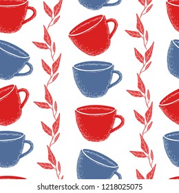 Red and blue tea cups on a white background. Seamless pattern