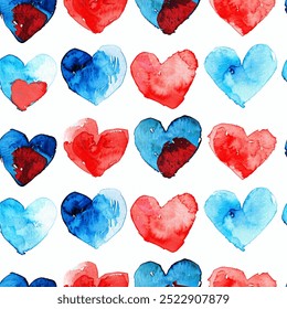 Red Blue Teal Hearts: Colorful Chic Watercolor Seamless Pattern Wallpaper Curtain Bedding Upholstery Fabric White Background Gift Wrapping Paper Vector