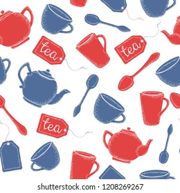 Red and blue teapots and cups of tea on a white background. Seamless vector pattern
