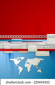 Red and blue technology background with world map. Vector illustration