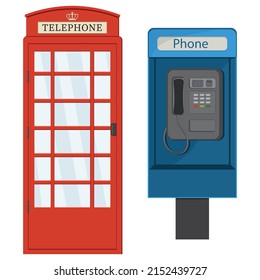Cabina de teléfono roja y azul, ilustración de tipo caricatura aislada del vector de color