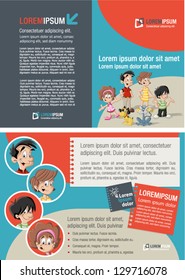 Red and blue template for advertising brochure with cute happy cartoon family