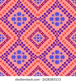 Red and blue Thai fabric with floral patterns.