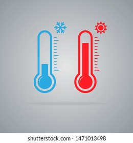 Red and blue thermometer isolated on a gray background. Sun and snowflakes icon. Vector illustration.