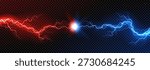 Red and blue thunder collision. Realistic bolt energy collision with shock burst flash isolated on dark checkered background. Versus banner with two electric power lightning discharge. Vector concept.