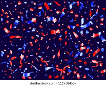 Red blue tinsel confetti flying on white vector. 4th July USA independence day background. Flying tinsel sparkles, gradient foil serpentine streamers and confetti falling in colors of USA flag.