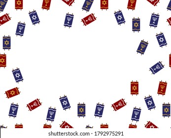 Red Blue Torah Scrolls Frame on White Background 