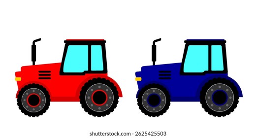 Red blue tractor cartoon style clip art. Tractor flat art kids book illustration. Agricultural vehicle cartoon. Heavy tractor with empty high trailer vector isolated on white background