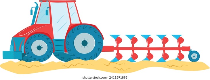Red and blue tractor plowing sandy field. Modern agriculture machine working on the farm. Farming equipment and agricultural work vector illustration.