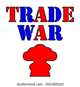 Red and blue trade war text isolated on white with mushroom cloud