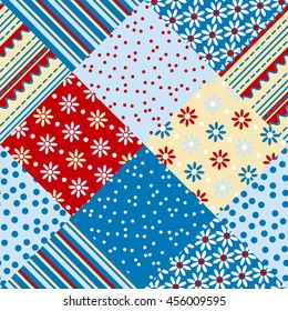 red and blue traditional patchwork vector seamless pattern.  flower and  polka dot fabric motif
