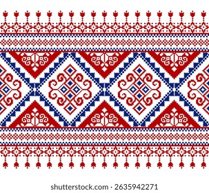 Patrón textil tradicional rojo y azul - borde étnico geométrico de píxeles