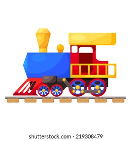 Red blue train on the railroad isolated on white background. Cartoon. Vector illustration. 