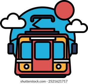 Um trem vermelho e azul com um sol ao fundo. O trem está em uma pista e é cercado por nuvens
