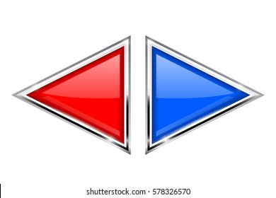 Red and blue triangle buttons with metal frame. Vector 3d illustration isolated on white background.