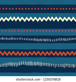 Red and blue tribal doodle pattern. Seamless vector background abstract horizontal lines, zigzag, dots, stripes. Texture for childrens market, boy, kids decor, web banner, fabric, page fill, July 4th.