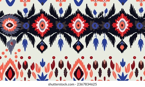 a red and blue tribal ikba design, in the style of bella kotak, detailed background elements, light beige and navy, polish folklore motifs, fauvist color palette, detailed drapery, pattern designs