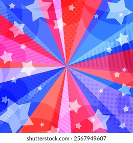 Red and blue tricolor radient square background with stars popping out