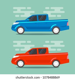 Red and blue trucks in flat color style. Utility vehicle car transportation icons. Vector illustrations.