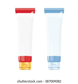 Red and blue tube of cosmetic face cream and cream for the body. Vector illustration isolated on white background.