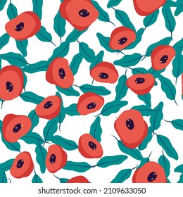Red and Blue Tulip Drawing Vector Seamless Pattern. Peony Light Paper Texture. Pink Fashion Felt pen Design. Blossom Spring Wallpaper.
