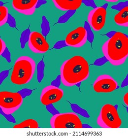 Red and Blue Tulip Felt pen Vector Seamless Pattern. Lotus Garden Design. Pink Pretty Drawn Paper Texture. Blossom Valentine Wallpaper.