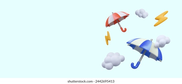 Red and blue umbrella, lightning, clouds. Vector horizontal poster with realistic elements