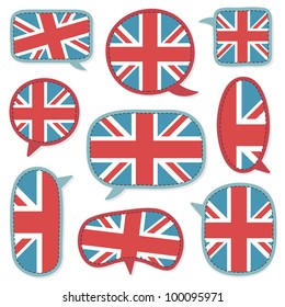 red and blue union jack stitched speech bubbles isolated on white