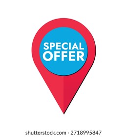 Anuncio de Vector rojo azul con oferta especial de texto en forma de icono de ubicación