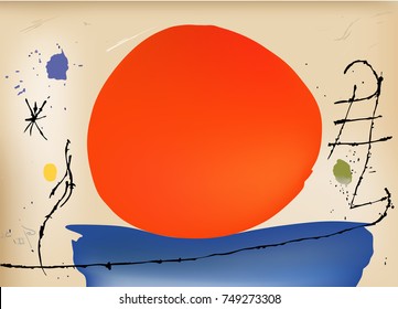 Red and Blue vector design composition. Spanish painter Miro inspired painting