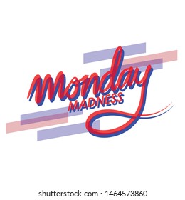 Red and blue vector lettering calligraphy Monday Madness text. Hand drawn illustration for t-shirt, poster, banner, and flyer on black background.