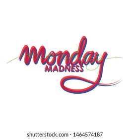 Red and blue vector lettering calligraphy Monday Madness text. Hand drawn illustration for t-shirt, poster, banner, and flyer on black background.
