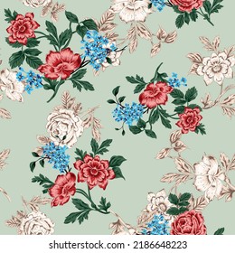 red and blue vector stock flowers with green leaves bunches pattern on green background