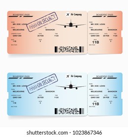Red and blue vector templates of boarding pass tickets. Concept of trip or travel